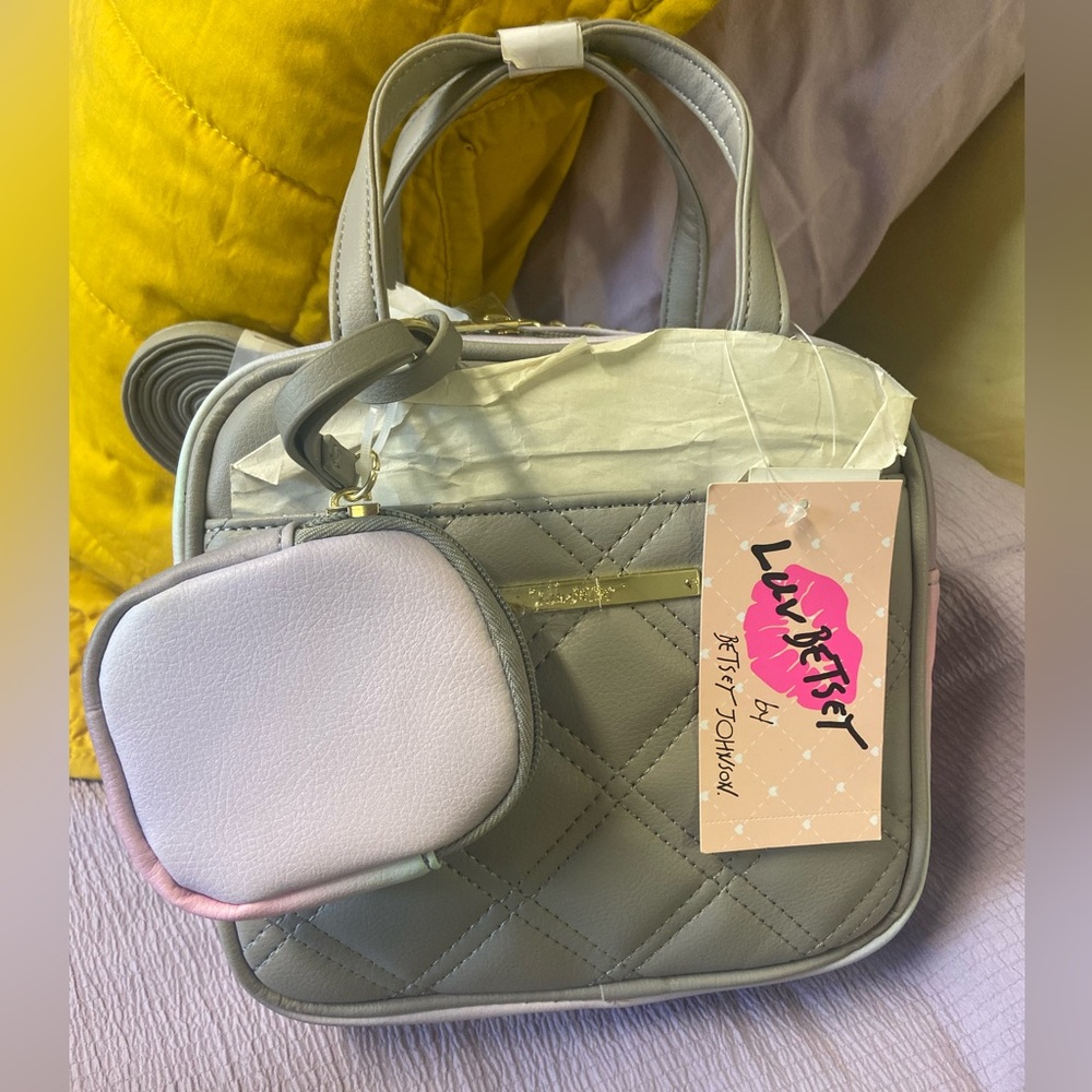 Betsey Johnson Gray Quilted Satchel with Light Lavender Pouch